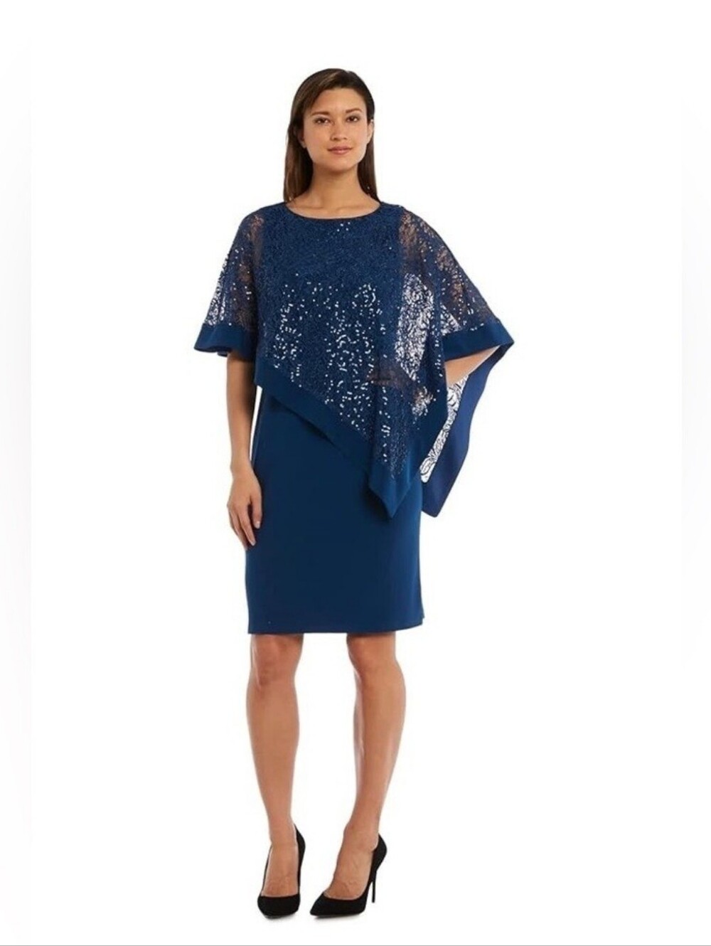 Elegant Navy Blue Lace And Sequin Overlay Dress Size 16